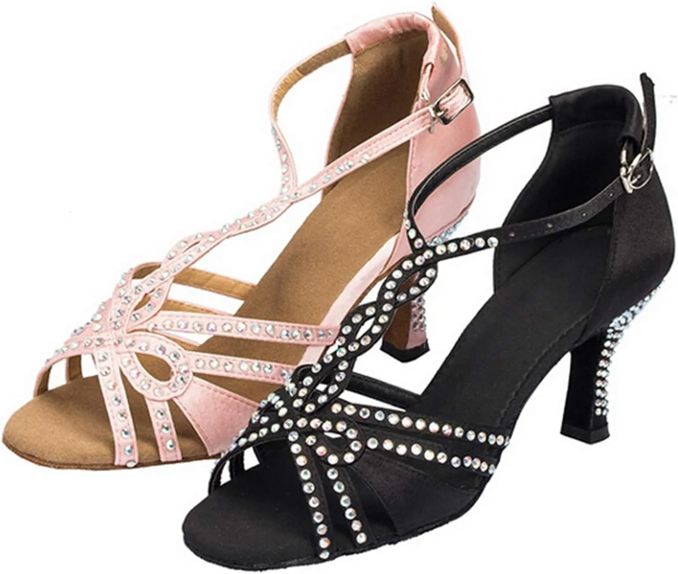 Minishion L196 Women's Crystals T-Strap Satin Latin Salsa Ballroom Dance Sandals