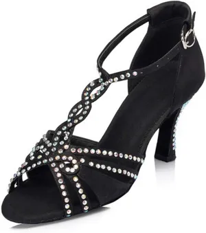 Minishion L196 Women's Crystals T-Strap Satin Latin Salsa Ballroom Dance Sandals