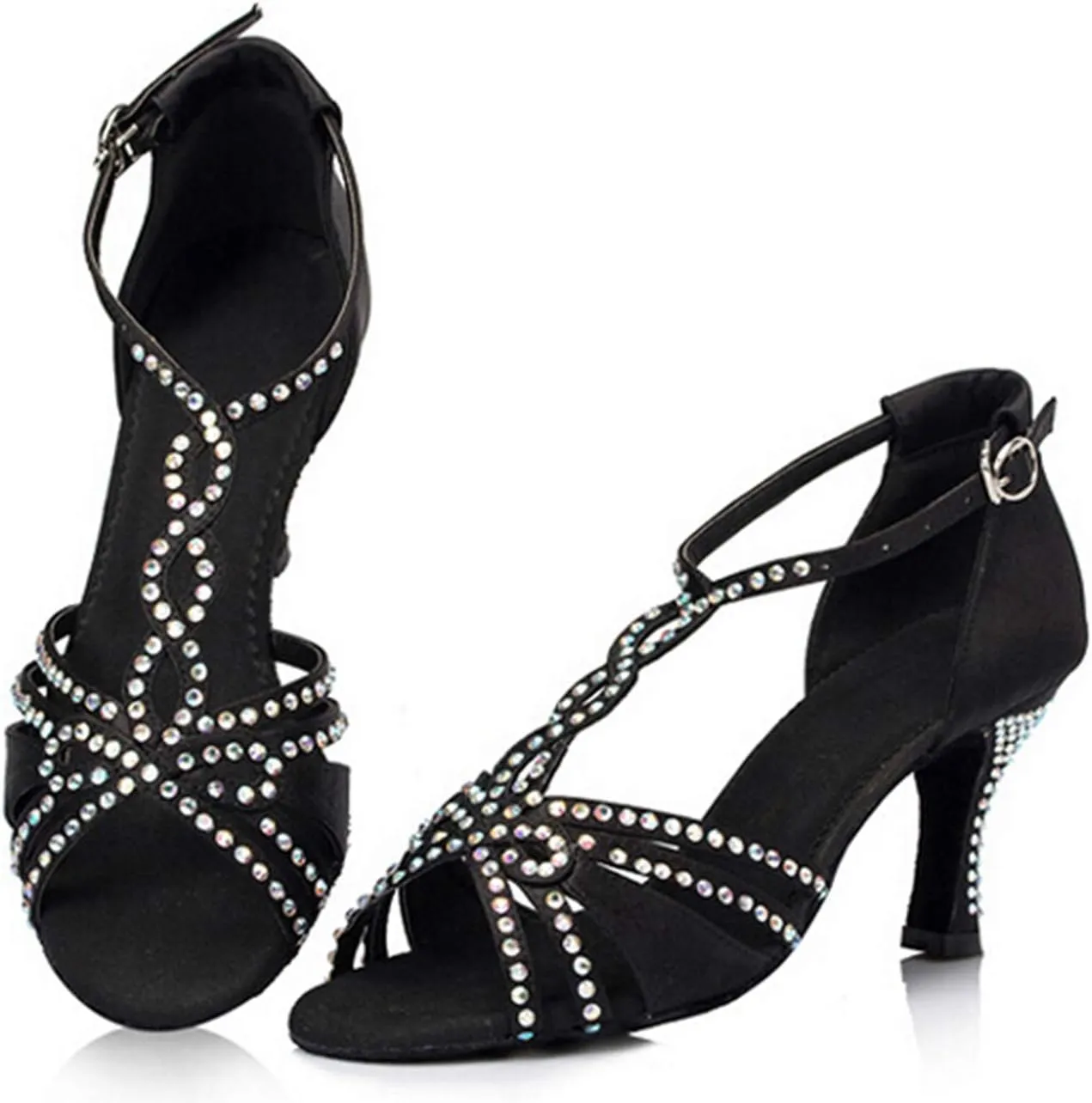Minishion L196 Women's Crystals T-Strap Satin Latin Salsa Ballroom Dance Sandals