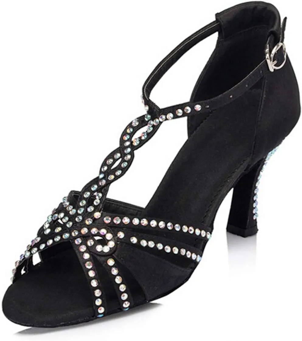 Minishion L196 Women's Crystals T-Strap Satin Latin Salsa Ballroom Dance Sandals