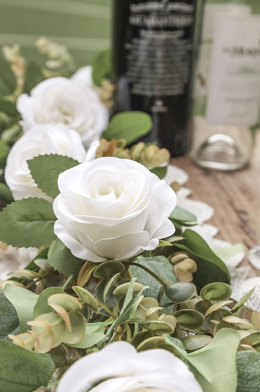 Miracliy Eucalyptus Garland with Flowers, 6.5ft Aritficial White Rose Vine Silk Encanto Flower Garland, Lush Natural Looking Greenery for Wedding Table Mantle Wall Backdrop Room Tea Party Decor