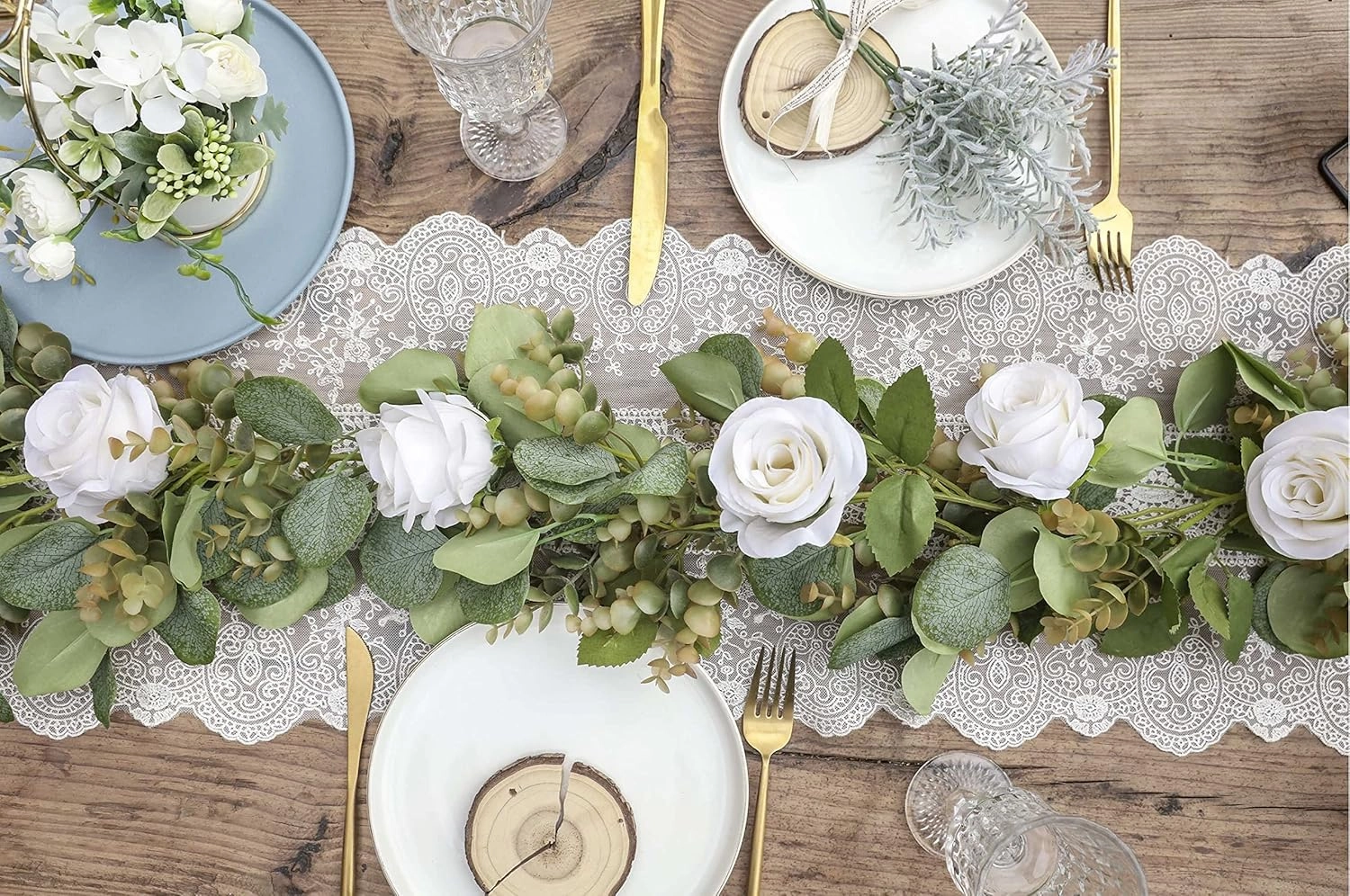 Miracliy Eucalyptus Garland with Flowers, 6.5ft Aritficial White Rose Vine Silk Encanto Flower Garland, Lush Natural Looking Greenery for Wedding Table Mantle Wall Backdrop Room Tea Party Decor