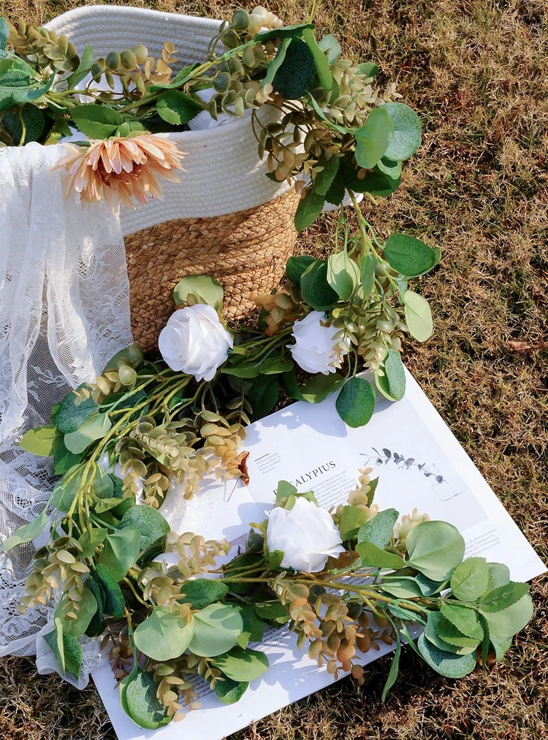 Miracliy Eucalyptus Garland with Flowers, 6.5ft Aritficial White Rose Vine Silk Encanto Flower Garland, Lush Natural Looking Greenery for Wedding Table Mantle Wall Backdrop Room Tea Party Decor