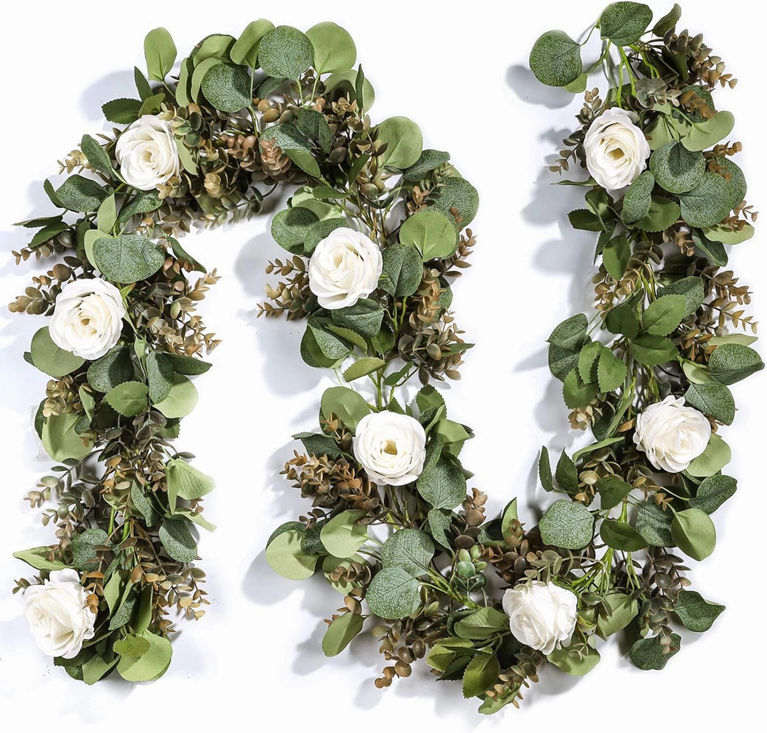 Miracliy Eucalyptus Garland with Flowers, 6.5ft Aritficial White Rose Vine Silk Encanto Flower Garland, Lush Natural Looking Greenery for Wedding Table Mantle Wall Backdrop Room Tea Party Decor