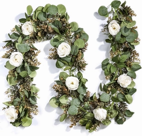 Miracliy Eucalyptus Garland with Flowers, 6.5ft Aritficial White Rose Vine Silk Encanto Flower Garland, Lush Natural Looking Greenery for Wedding Table Mantle Wall Backdrop Room Tea Party Decor