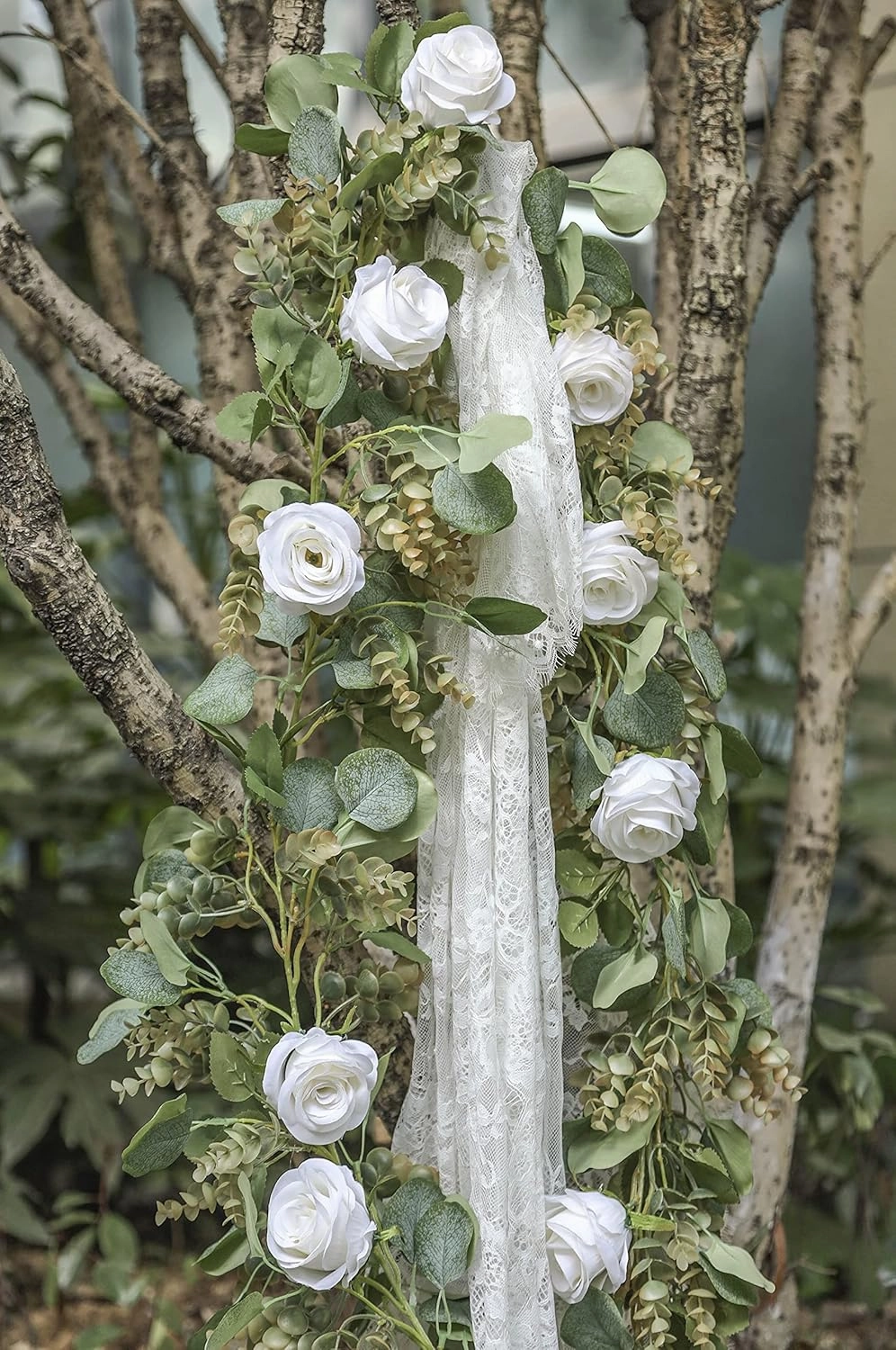 Miracliy Eucalyptus Garland with Flowers, 6.5ft Aritficial White Rose Vine Silk Encanto Flower Garland, Lush Natural Looking Greenery for Wedding Table Mantle Wall Backdrop Room Tea Party Decor
