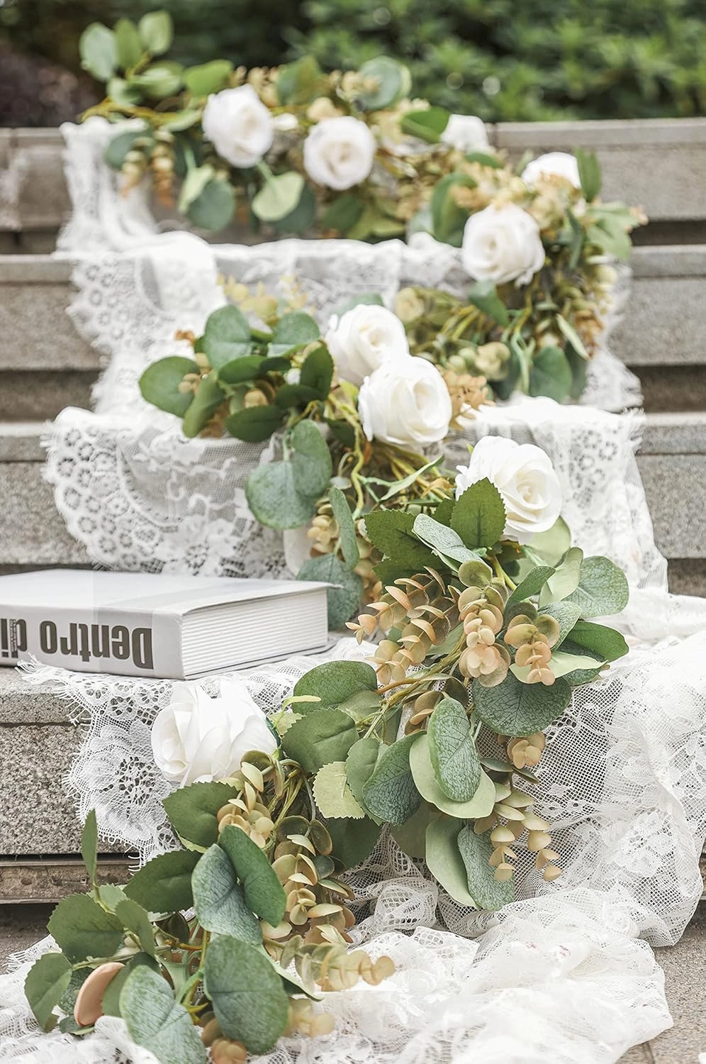 Miracliy Eucalyptus Garland with Flowers, 6.5ft Aritficial White Rose Vine Silk Encanto Flower Garland, Lush Natural Looking Greenery for Wedding Table Mantle Wall Backdrop Room Tea Party Decor