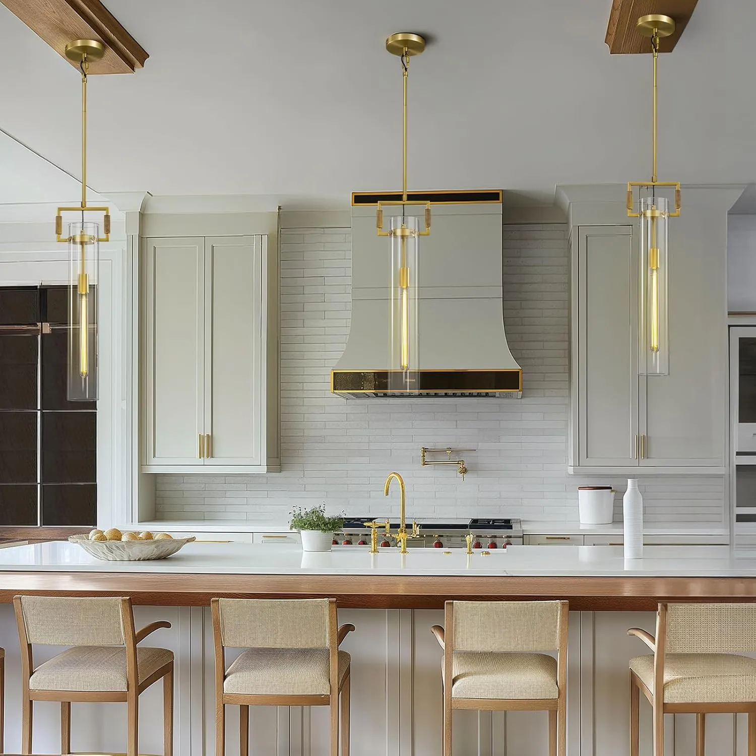 Modern Gold Pendant Light Set of 2, 21.6'' Glass Pendant Light Fixtures, Adjustable Height Brass Long Pendant Light, Large Pendant Lights Kitchen Island, for Dinning Room Farmhouse Bathroom