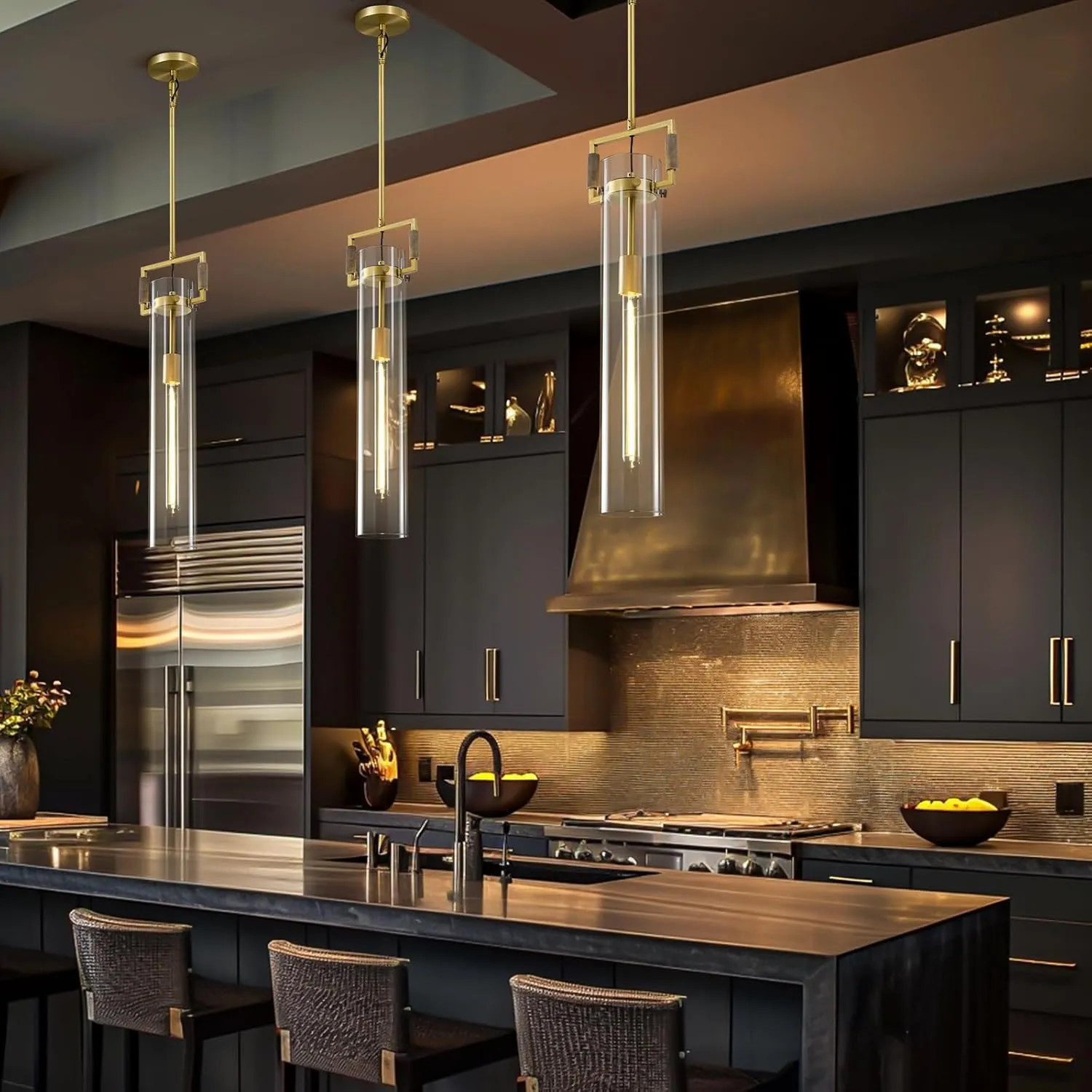 Modern Gold Pendant Light Set of 2, 21.6'' Glass Pendant Light Fixtures, Adjustable Height Brass Long Pendant Light, Large Pendant Lights Kitchen Island, for Dinning Room Farmhouse Bathroom