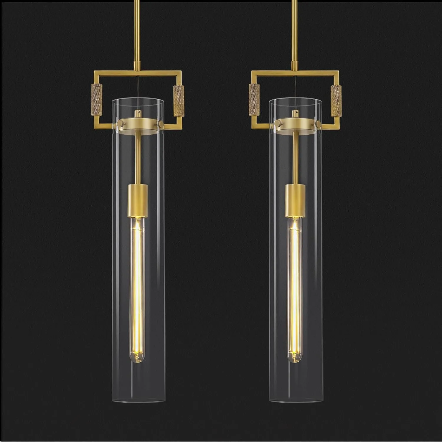 Modern Gold Pendant Light Set of 2, 21.6'' Glass Pendant Light Fixtures, Adjustable Height Brass Long Pendant Light, Large Pendant Lights Kitchen Island, for Dinning Room Farmhouse Bathroom