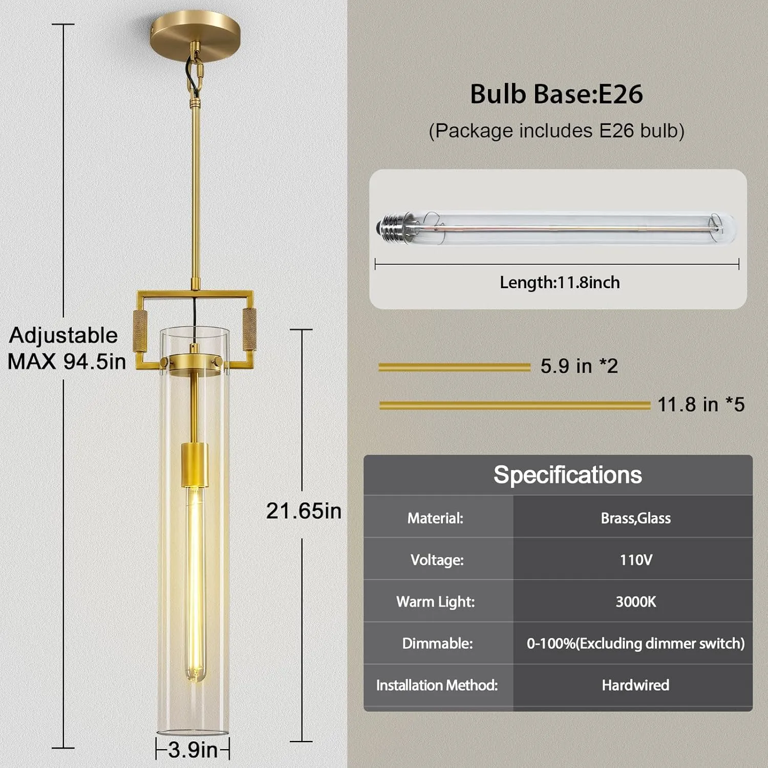 Modern Gold Pendant Light Set of 2, 21.6'' Glass Pendant Light Fixtures, Adjustable Height Brass Long Pendant Light, Large Pendant Lights Kitchen Island, for Dinning Room Farmhouse Bathroom