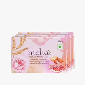 moha: Rose and Almond Bath Soap Unisex Bathing Bar with the benefits of Rose Pomegranate extract Almond oil wheat germ oil for soft, nourished and youthful skin - 100gm (Pack of 3)