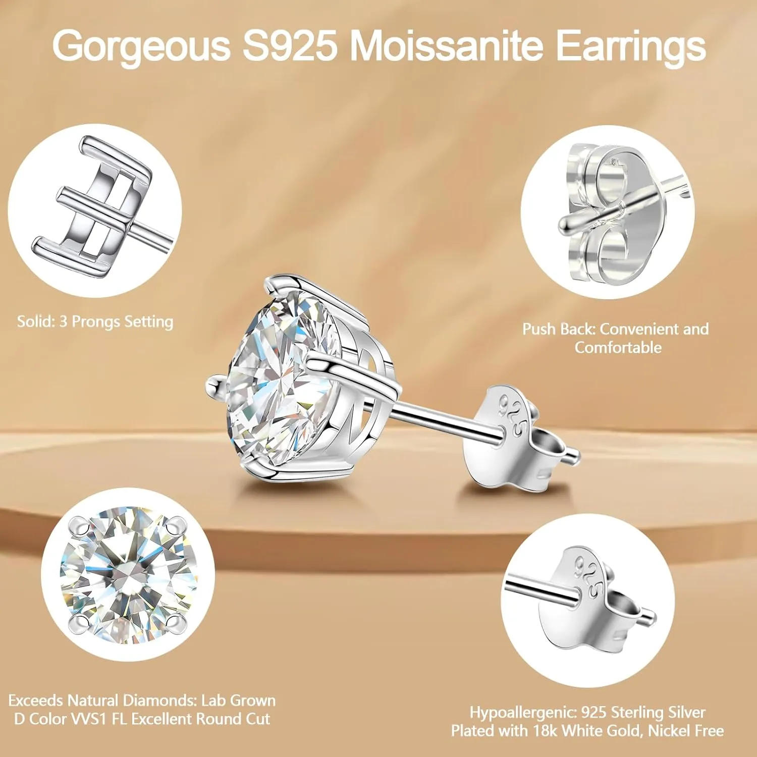 Moissanite Stud Earrings for Women, Lab Created Diamond Solitaire Earrings Gold Vermeil 925 Sterling Silver Jewelry Gift Women Men