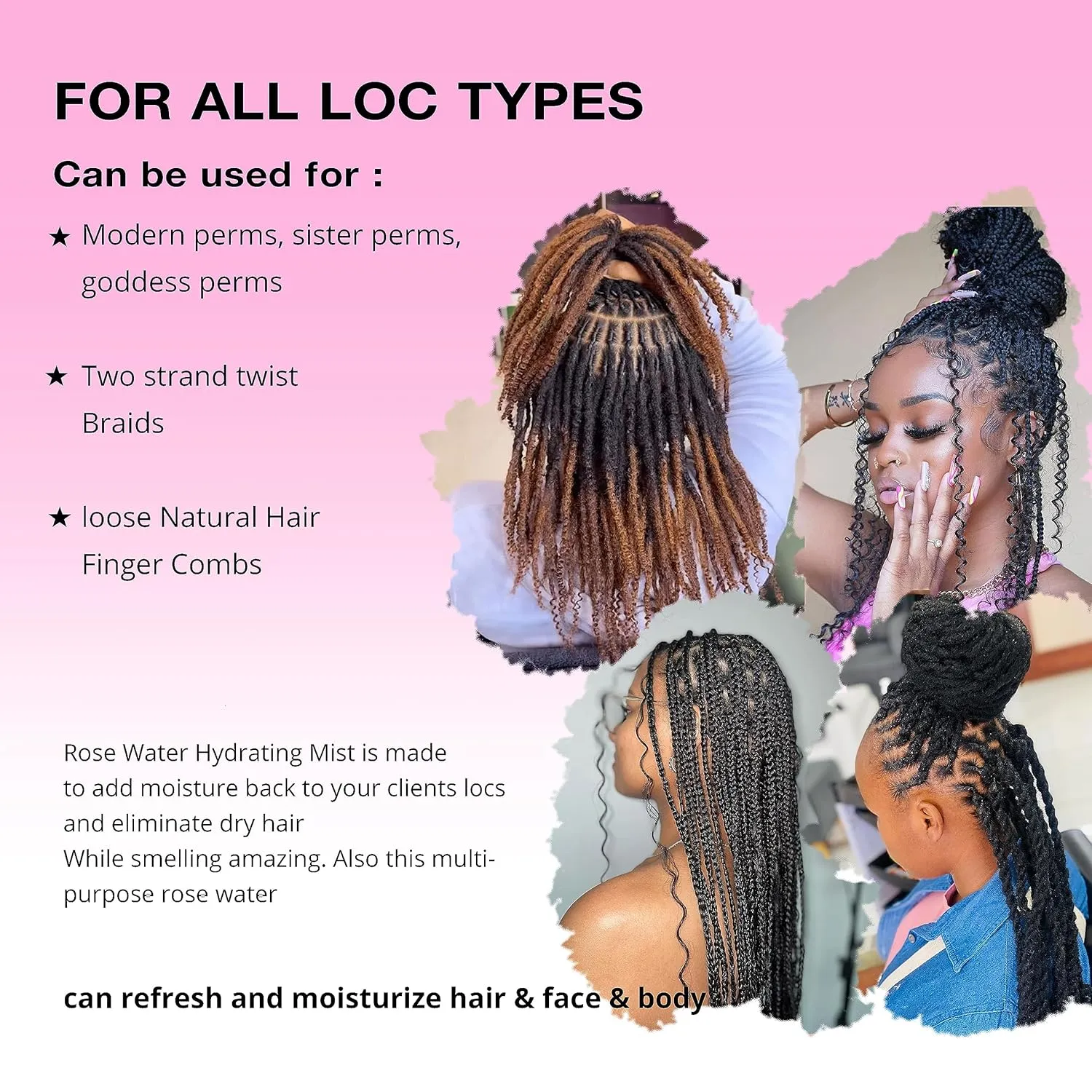 Moisturizing Refreshing Spray for Locs- Rose Water Hair Scalp Moisturizer, Castor Oil- Natural Loc Care and Maintenance (Rose, 10 Fl oz)