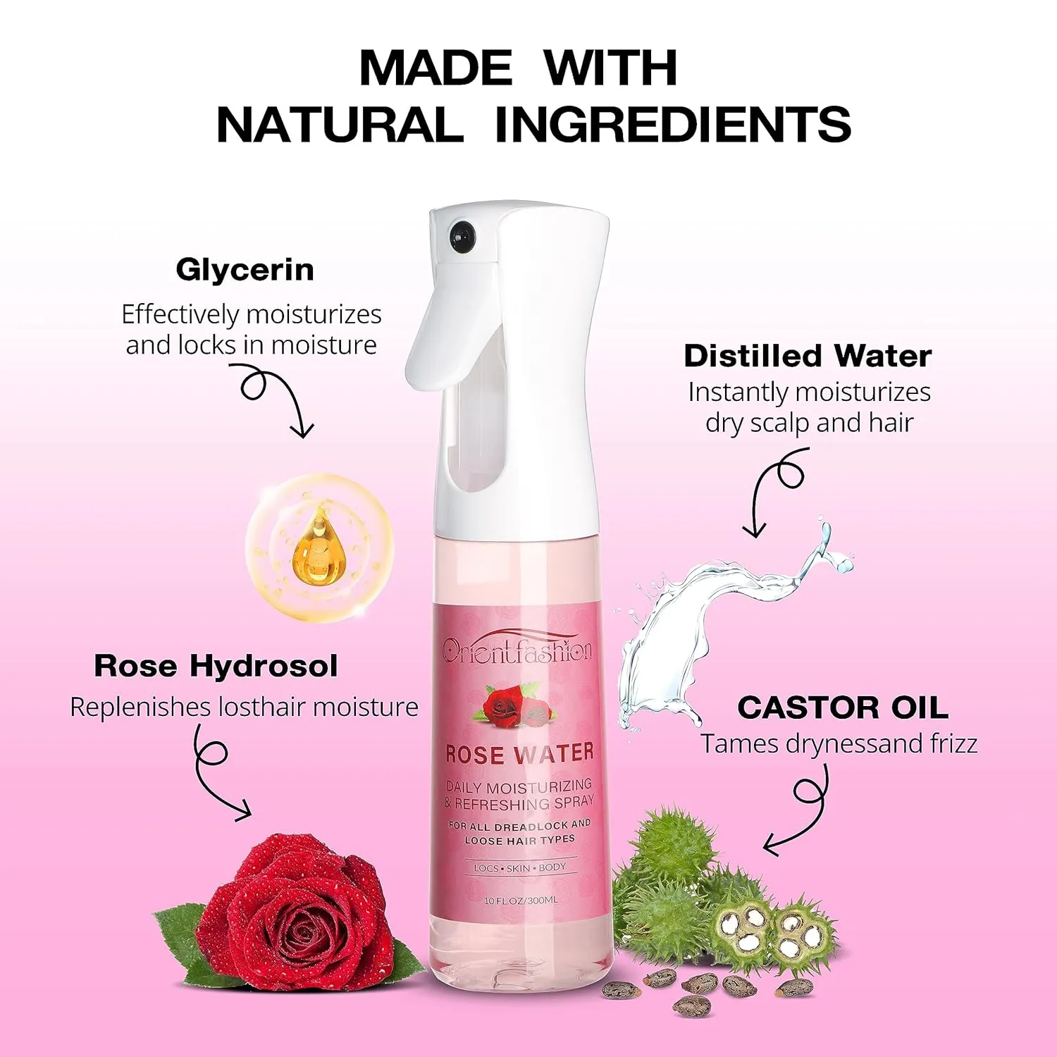Moisturizing Refreshing Spray for Locs- Rose Water Hair Scalp Moisturizer, Castor Oil- Natural Loc Care and Maintenance (Rose, 10 Fl oz)
