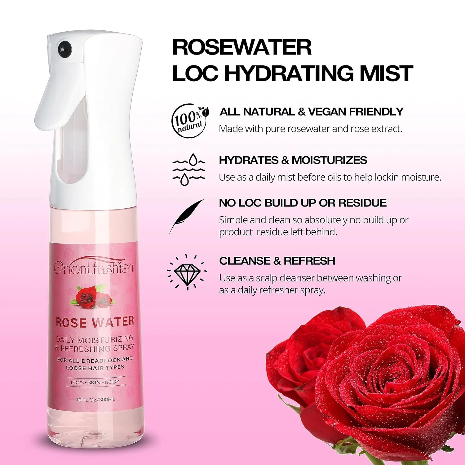 Moisturizing Refreshing Spray for Locs- Rose Water Hair Scalp Moisturizer, Castor Oil- Natural Loc Care and Maintenance (Rose, 10 Fl oz)