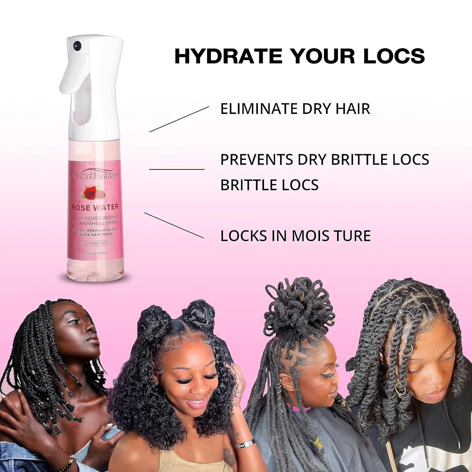 Moisturizing Refreshing Spray for Locs- Rose Water Hair Scalp Moisturizer, Castor Oil- Natural Loc Care and Maintenance (Rose, 10 Fl oz)