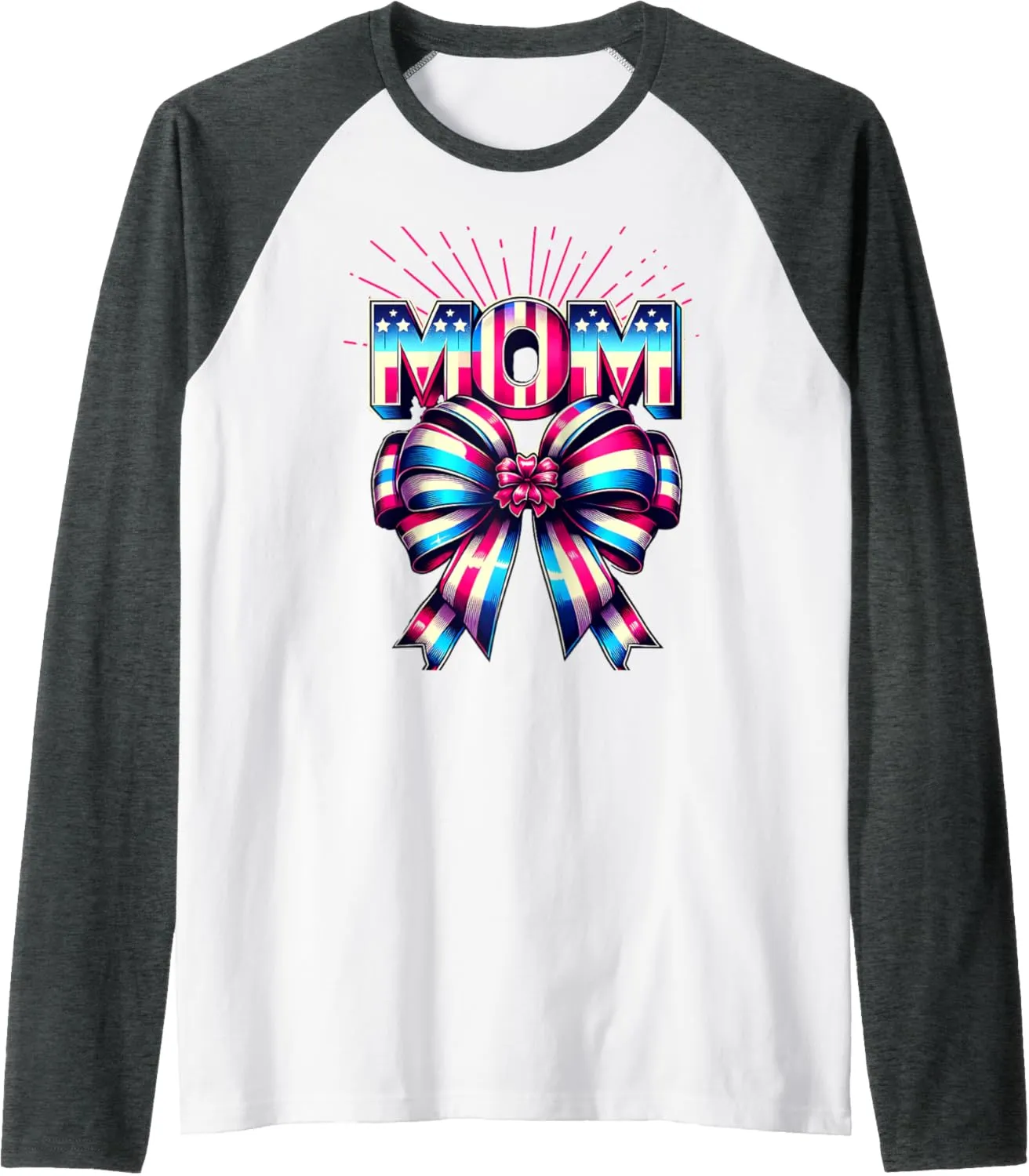 Mom 80s Patriotic Bow Red Ray America Style 4th of July Raglan Baseball Tee