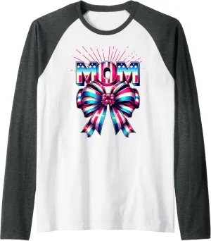 Mom 80s Patriotic Bow Red Ray America Style 4th of July Raglan Baseball Tee