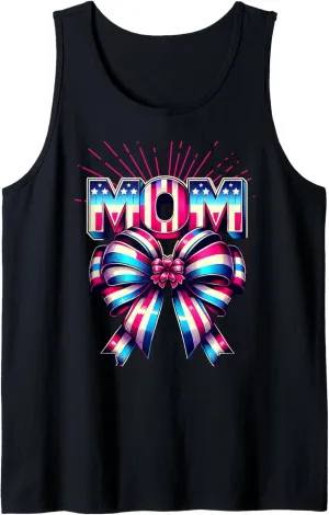 Mom 80s Patriotic Bow Red Ray America Style 4th of July Tank Top