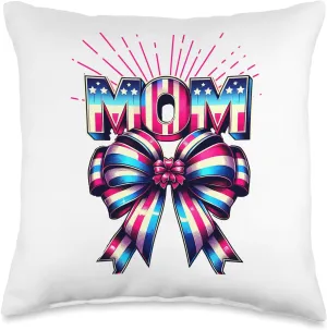 Mom 80s Patriotic Bow Red Ray America Style 4th of July Throw Pillow