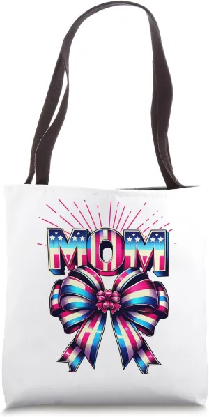 Mom 80s Patriotic Bow Red Ray America Style 4th of July Tote Bag