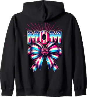 Mom 80s Patriotic Bow Red Ray America Style 4th of July Zip Hoodie