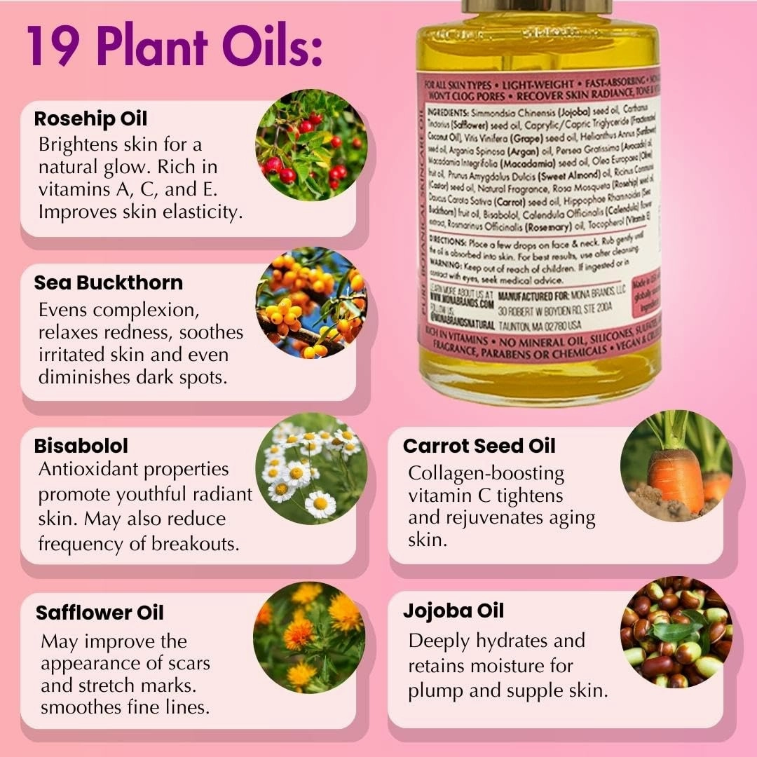 MONA Brands Natural Face Oil with Rosehip, Vitamin E, and Argan Oil | Pure Botanical Skincare | Anti-Aging Oil | All Skin Types | Rose Scented | 1.0 fl oz, Pack of 1