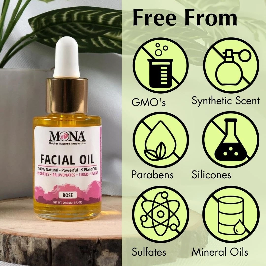MONA Brands Natural Face Oil with Rosehip, Vitamin E, and Argan Oil | Pure Botanical Skincare | Anti-Aging Oil | All Skin Types | Rose Scented | 1.0 fl oz, Pack of 1
