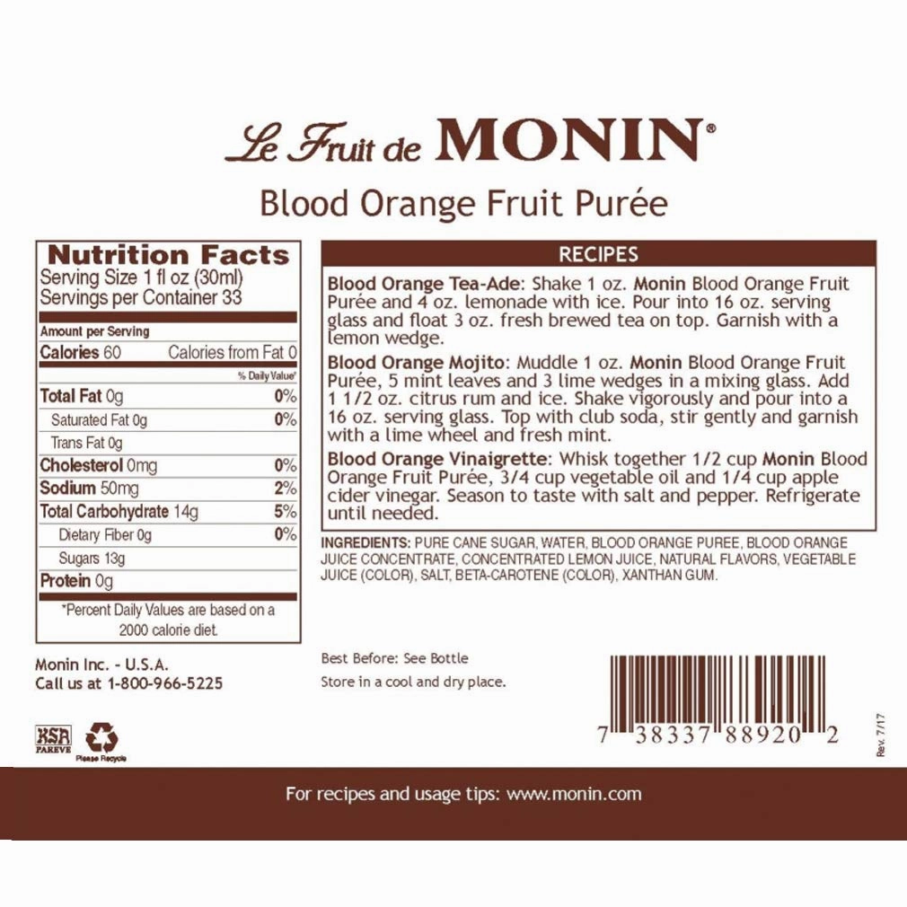 Monin - Blood Orange Puree, Tart, Juicy Citrus Taste, Great for Lemonades, Cocktails, and Culinary Creations, Vegan, Gluten-Free (1 Liter)