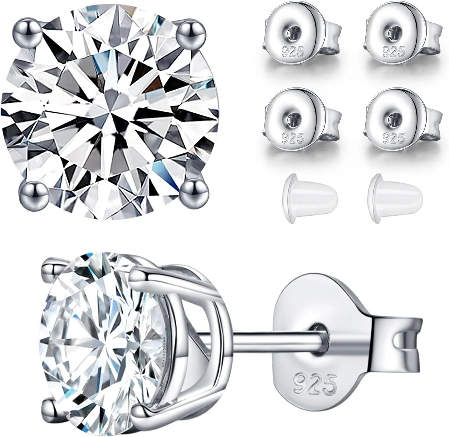 Mossinate Earrings Studs For Women Men, 1-2CT 18K White Gold Plated, S925 Sterling Sliver - Extra Butterfly & Silicone Backs for Comfortable, Secure Fit, Hypoallergenic - Flawless D-Grade Lab Created Diamond Jewelry for Gift