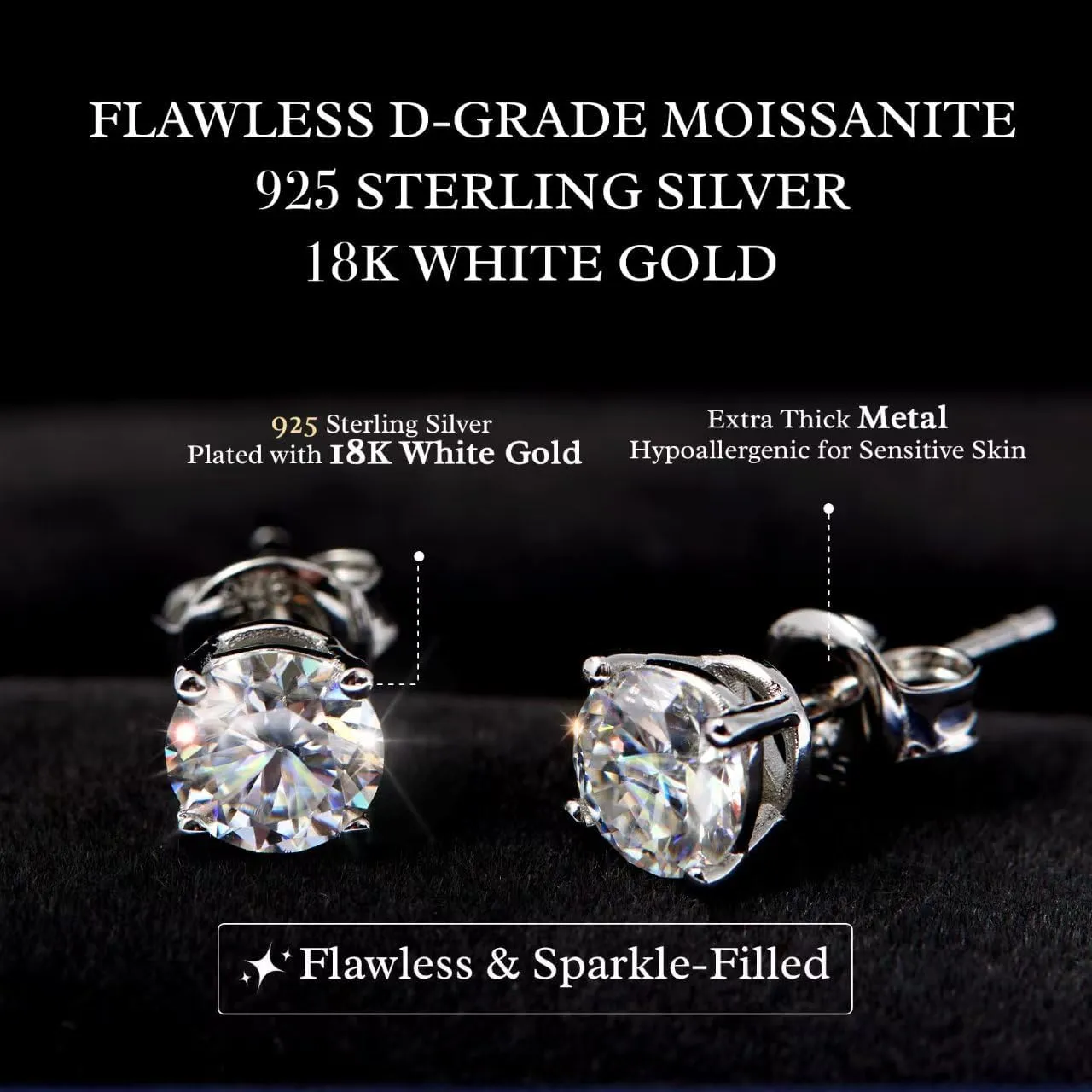 Mossinate Earrings Studs For Women Men, 1-2CT 18K White Gold Plated, S925 Sterling Sliver - Extra Butterfly & Silicone Backs for Comfortable, Secure Fit, Hypoallergenic - Flawless D-Grade Lab Created Diamond Jewelry for Gift