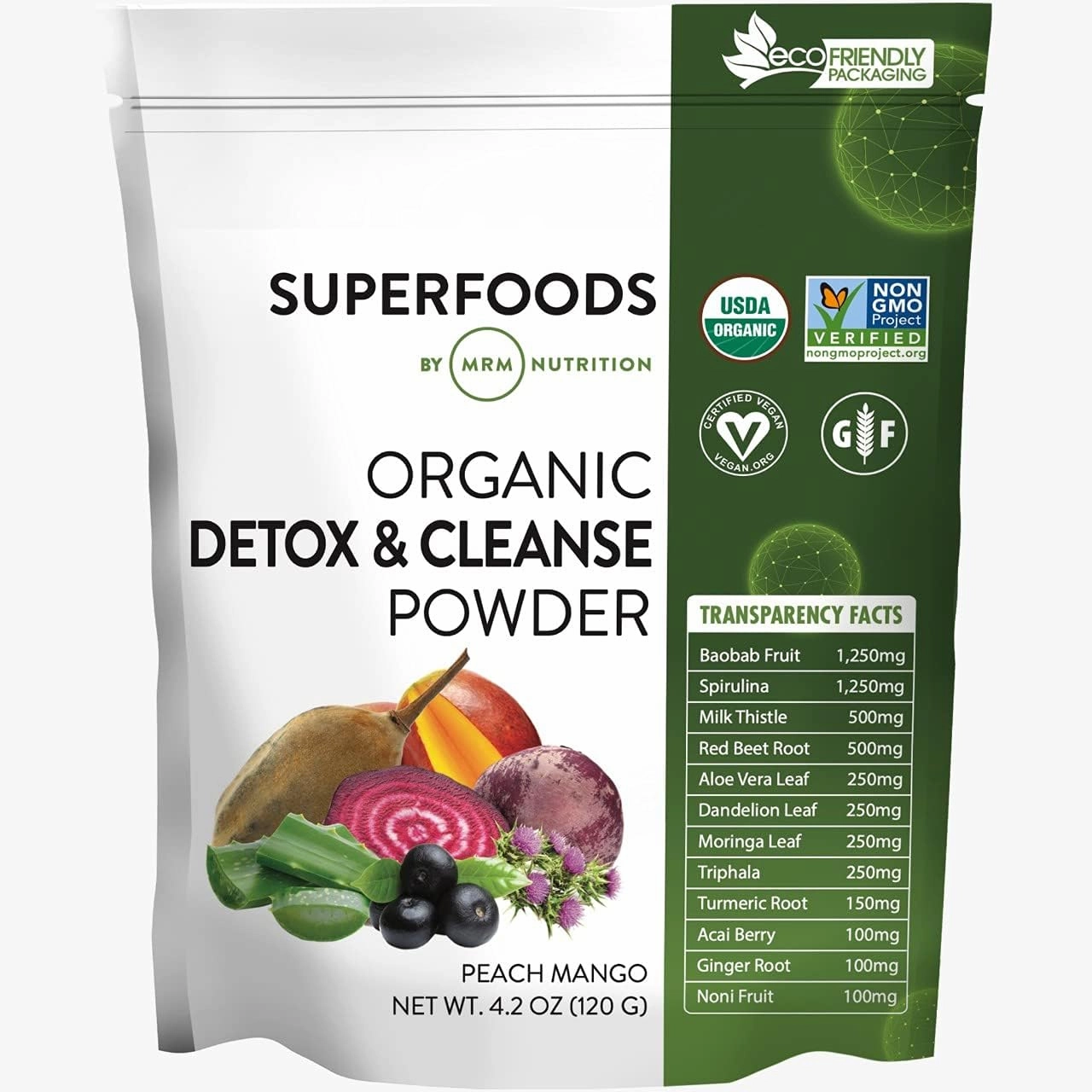 MRM Nutrition Organic Detox and Cleanse Powder | Peach Mango Flavored | Gentle Daily Detox | Superfoods | Antioxidants   Chlorophyll   Phycocyanin   Electrolytes | 15 Servings