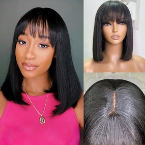 mscoco Bob Wig Human Hair Short Bob Wig with Bangs for Black Women Wigs Human Hair Straight Bob Wig with Bangs Pre-Bleached Knots Glueless Bob Wig Human Hair Undetectable Realistic HD Lace