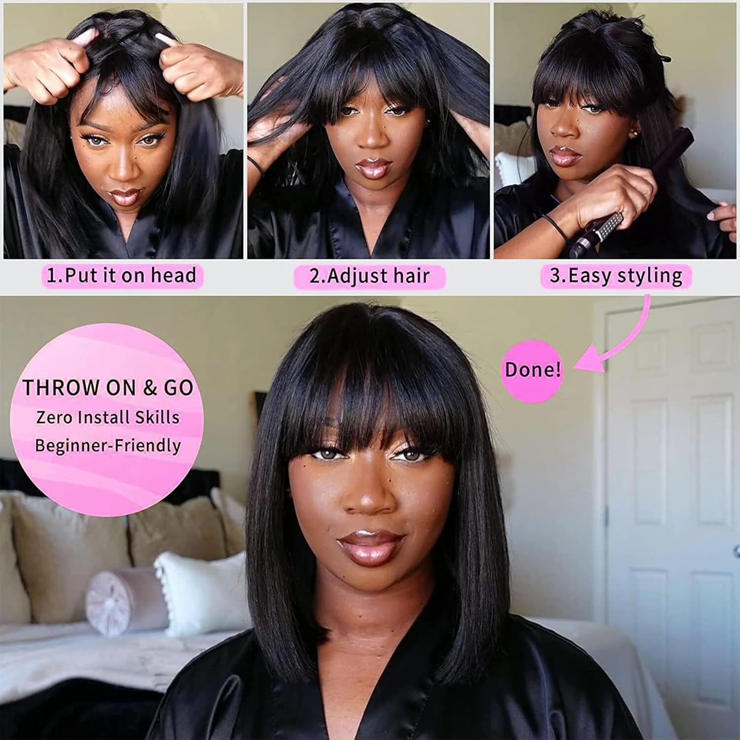 mscoco Bob Wig Human Hair Short Bob Wig with Bangs for Black Women Wigs Human Hair Straight Bob Wig with Bangs Pre-Bleached Knots Glueless Bob Wig Human Hair Undetectable Realistic HD Lace