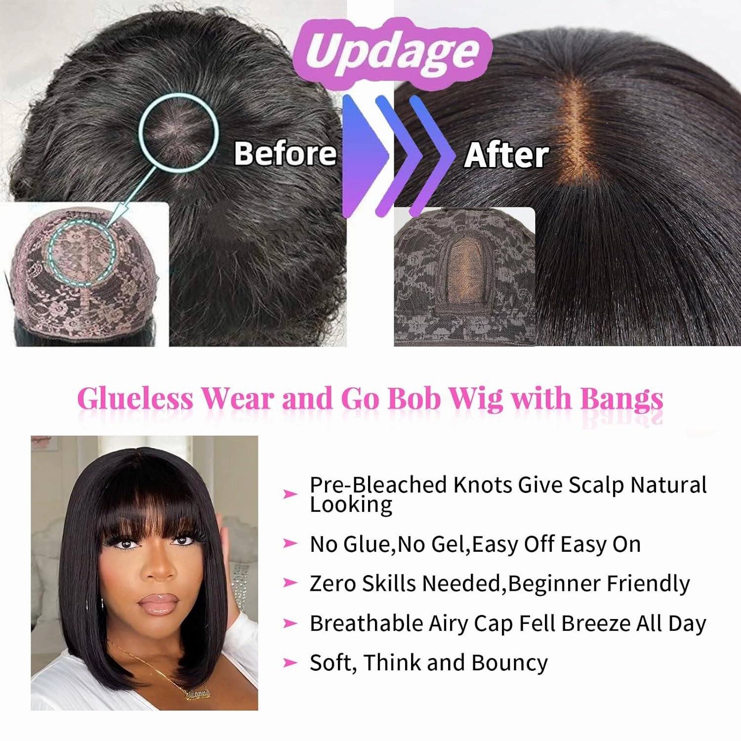 mscoco Bob Wig Human Hair Short Bob Wig with Bangs for Black Women Wigs Human Hair Straight Bob Wig with Bangs Pre-Bleached Knots Glueless Bob Wig Human Hair Undetectable Realistic HD Lace
