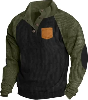 Muscularfit Golf Shirts for Men Long Sleeve Corduroy Pullover Tops Causal Stylish Color Block Button Up Athletic Sweatshirts