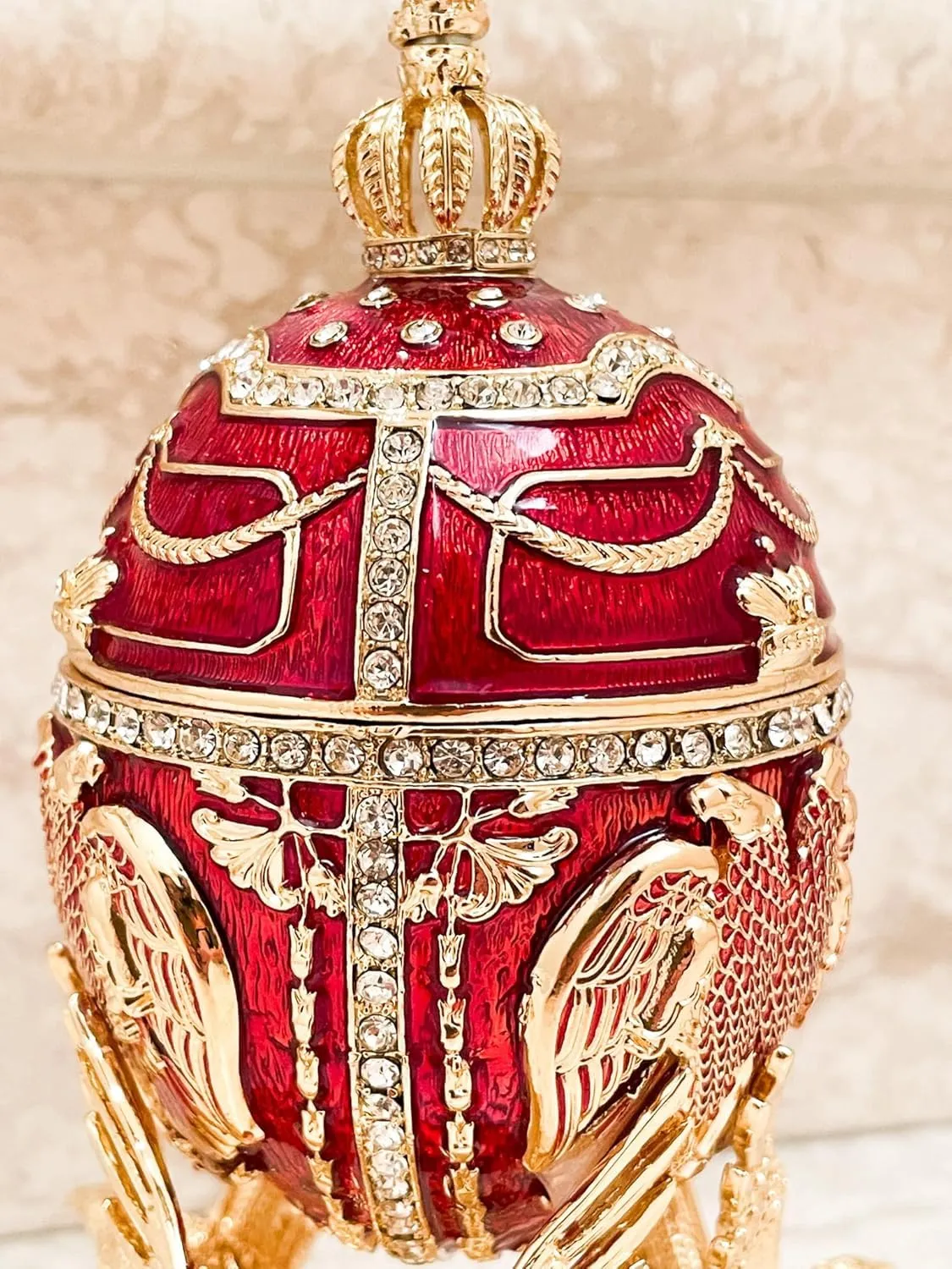 Musical Fabergé Egg Pure GOLD decor Collectors Egg Russian Jewelry Box Faberge Egg Trinket HANDMADE Faberge Box 300 Crystal Diamonds Valentines day Gift Ideas for her (Ruby Red)