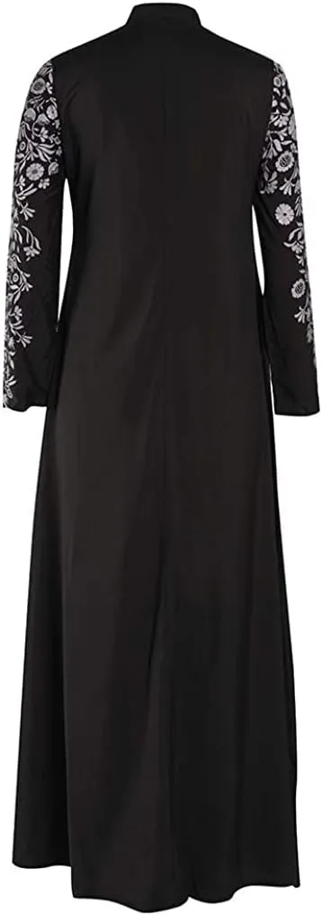 Muslim Abaya Dress for Women, Ramadan Middle East Arabian Robe Islamic Long Sleeve Embroidered Cardigan Dress