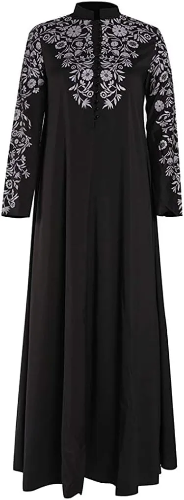 Muslim Abaya Dress for Women, Ramadan Middle East Arabian Robe Islamic Long Sleeve Embroidered Cardigan Dress
