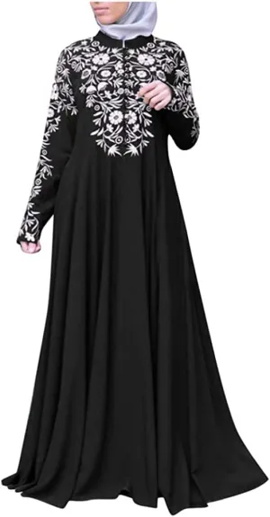 Muslim Abaya Dress for Women, Ramadan Middle East Arabian Robe Islamic Long Sleeve Embroidered Cardigan Dress