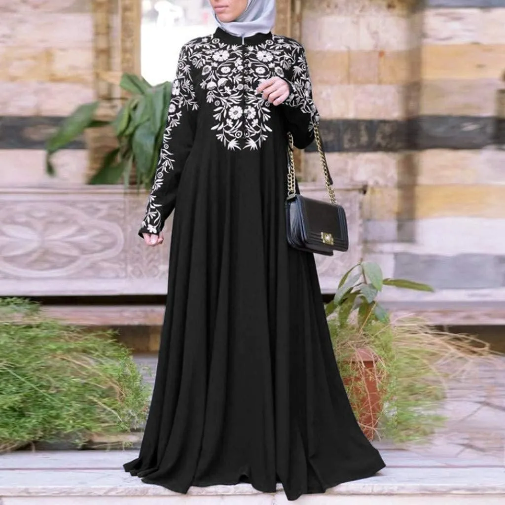 Muslim Abaya Dress for Women, Ramadan Middle East Arabian Robe Islamic Long Sleeve Embroidered Cardigan Dress