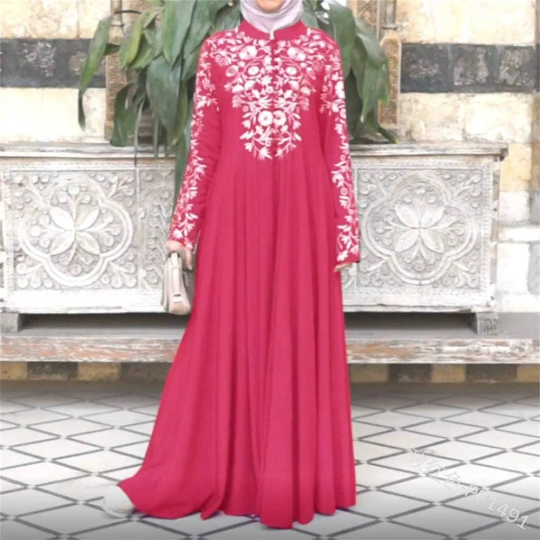 Muslim Abaya Dress for Women, Ramadan Middle East Arabian Robe Islamic Long Sleeve Embroidered Cardigan Dress