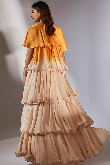 Mustard To Beige Ombre Ruffle Jacket With Embroidered Pant Set