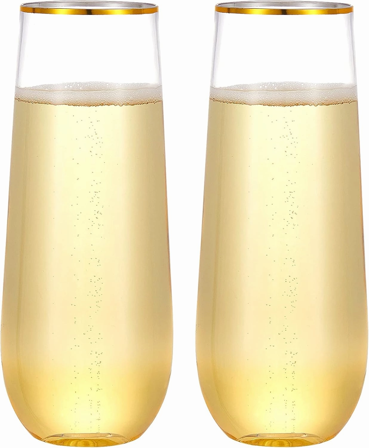 N9R 24PCS Plastic Champagne Flutes, 9 Oz Stemless Disposable Gold Rim Toasting Glasses, Crystal Clear Cocktail Cups Drinkware Shatterproof Ideal for Party Wedding Birthday