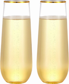 N9R 24PCS Plastic Champagne Flutes, 9 Oz Stemless Disposable Gold Rim Toasting Glasses, Crystal Clear Cocktail Cups Drinkware Shatterproof Ideal for Party Wedding Birthday