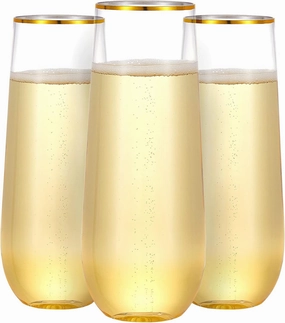 N9R 36PCS Plastic Champagne Flutes, 9 Oz Stemless Disposable Gold Rim Toasting Glasses, Crystal Clear Cocktail Cups Drinkware Shatterproof Ideal for Party Wedding Birthday