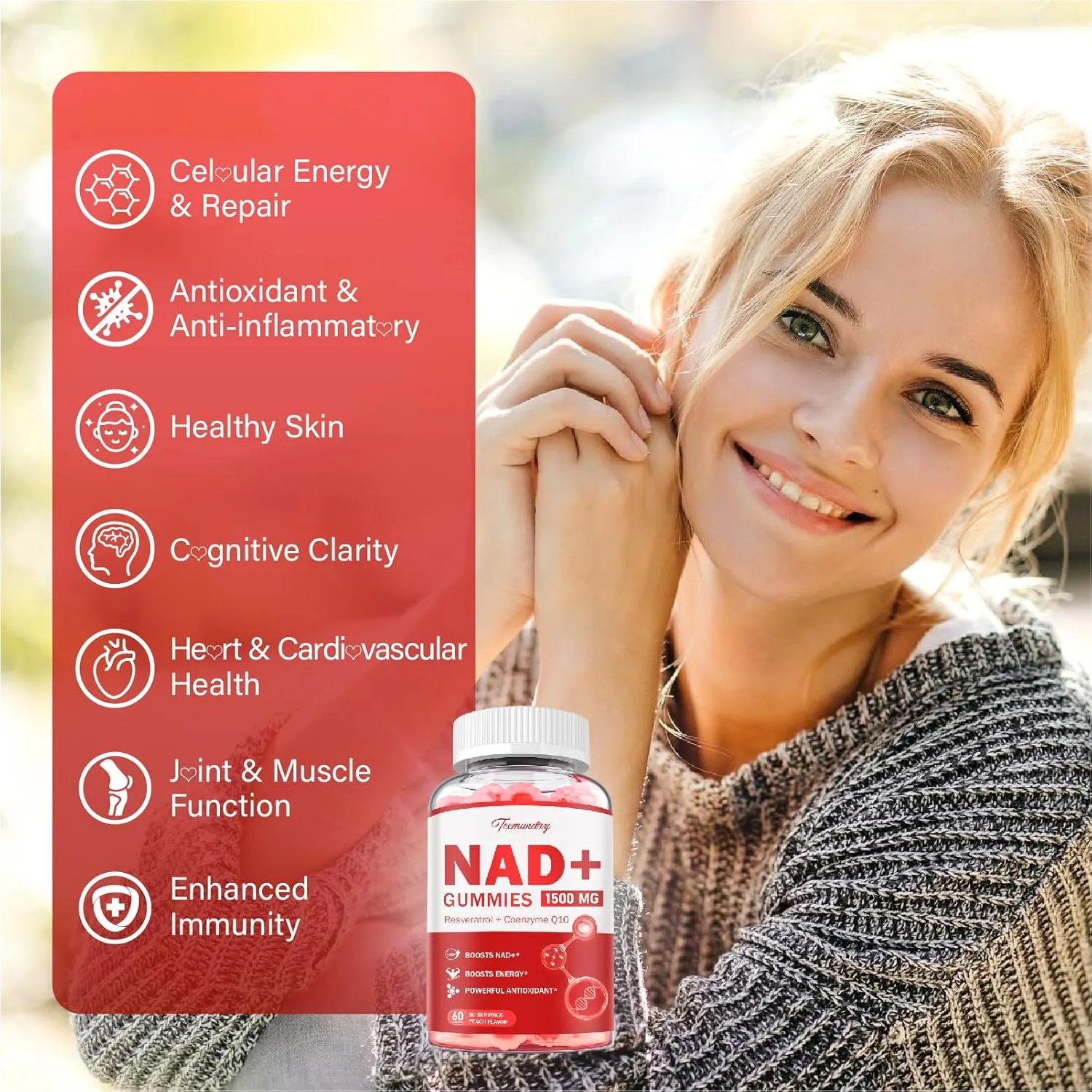 NAD Supplement Gummies for Women & Men - Liposomal NAD Nicotinamide Riboside 900mg with Resveratrol, Quercetin, CoQ10, Fisetin - NAD Resveratrol Supplement, Vegan, Non-GMO, 120 Gummies