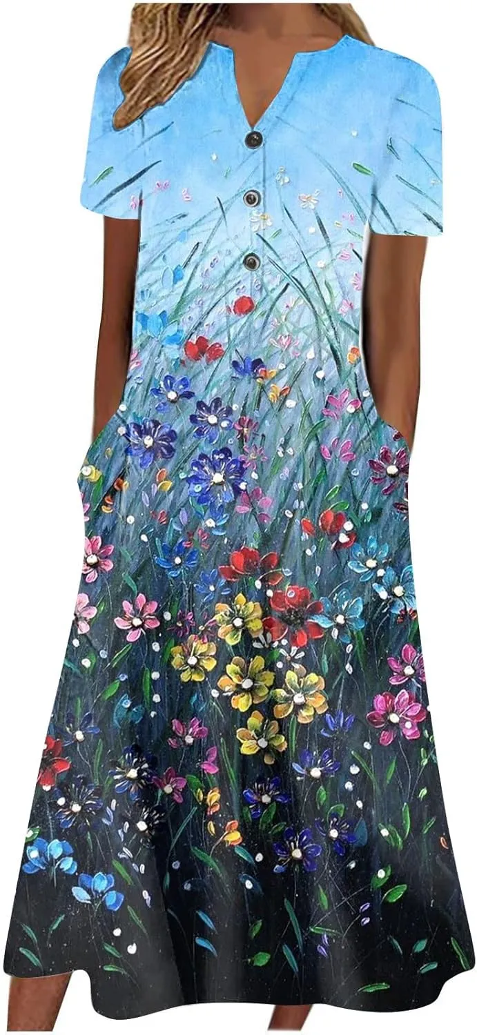 NaRHbrg Womens Summer Dress Casual Floral Print Midi Dress Button V Neck Short Sleeve Dresses Flowy Boho Beach Party Sundress