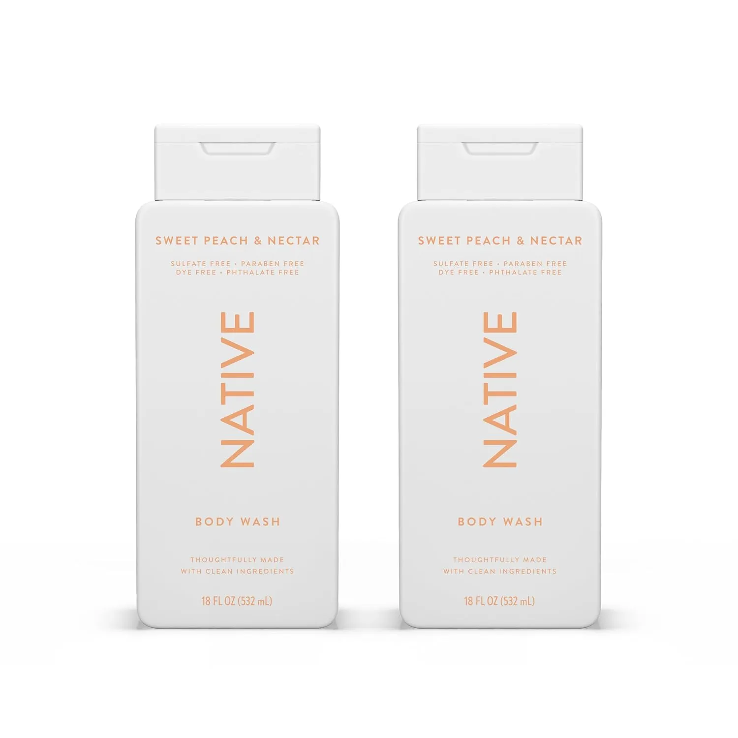 Native Body Wash Contains Naturally Derived Ingredients | For Women & Men, Sulfate, Paraben, & Dye Free Leaving Skin Soft and Hydrating | Sweet Peach & Nectar 18 oz - 2 Pk